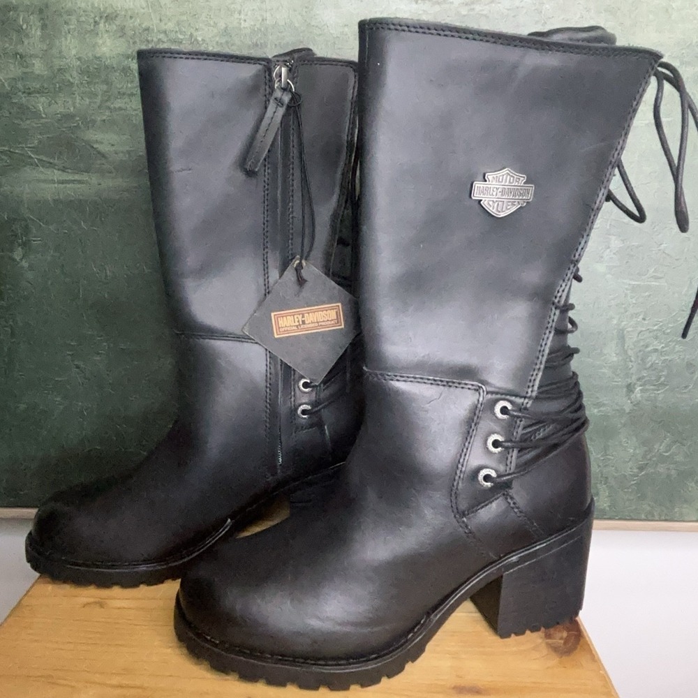 Harley-Davidson Boots Womens Size 5.5 Black Leather Biker Mid Calf Lug Sole NWOB